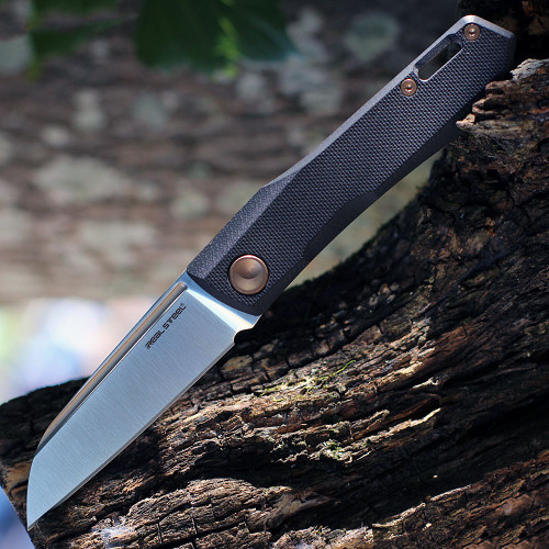Real Steal Solis Lite Slip Joint (RS7064FZ) 2.91" Satin D2 Sheepsfoot Plain Blade, Black G-10 Handle with Bronze Accents.