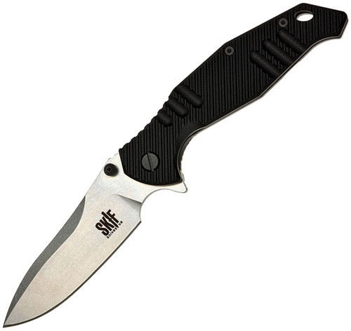Skif Knives Adventure (424SE) 4" Stonewash 9Cr18MoV Drop Point Plain Blade, Black G-10 Handle w/Grey Stainless Back Handle