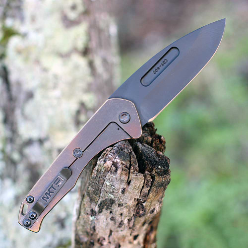 Medford Knife & Tool Praetorian Slim Flipper Frame Lock (MD208SPD36A1)- 3.25" Black PVD CPM-S35VN Drop Point Blade, Bronze Tumbled Titanium Handle
