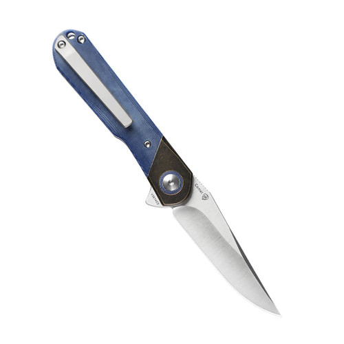 Kizer Comet (V3614C2) 3" 154CM Satin Clip Point Plain Blade, Blue Denim Micarta Handle with Dark Brass Bolsters