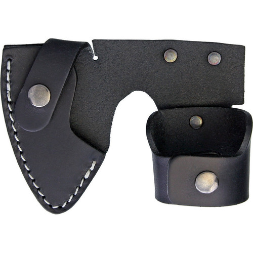 Karesuando Kniven Vuogas AKSU Hunting Axe 10.75" Overall Length (KAR4042) - 4.75 in 12C27 Sandvik Stainless Steel Axe Head, Brown Curly birch/ Reindeer antler Pommel Handle - Black Leather Belt Sheath