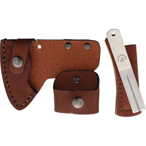 Karesuando Kniven Bushcarft Axe - 9.5" Overall Length (KAR4347-00) - 4.25 in Black Coated 5Cr13MoV Stainless Steel Axe Head, Sculpted Beech Wood / Moose Horn Pommel Handle - Brown Leather Belt Sheath