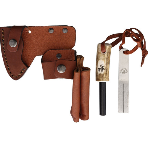 Karesuando Kniven Bushcarft Axe Set- 9.5" Overall Length (KAR4347-90) - 4.25 in Black Coated 5Cr13MoV High Carbon Steel Axe Head, Sculpted Beech Wood / Moose Horn Pommel Handle - Brown Leather Belt Sheath