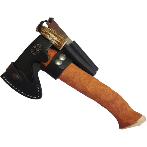 Karesuando Kniven Bushcarft Axe Set- 9.5" Overall Length (KAR4348-90) - 4.0 in Black Coated 5Cr15MoV High Carbon Steel Axe Head, Red Beech Wood / Moose Horn Pommel Handle - Black leather holster with a fixed belt loop