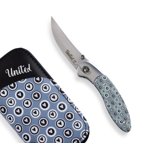 Brighten Blades United Folding Knife (BB112) 2.56 in Mirror 8Cr13MoV Drop Point Blade w/ "United" Blade Etching, Black and White Heart Print Handle
