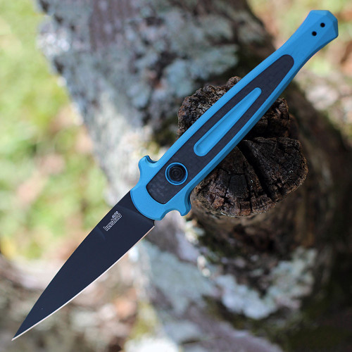 Kershaw Launch 8 7150TEALBLK automatic stiletto profile view showing 3.5 inch black spear point blade and teal handle.
