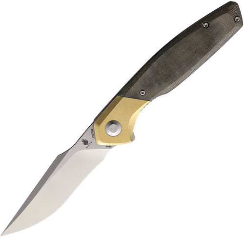 Kizer Cutlery Grazioso (KIV4572N2) 3.25" Bohler N690 Satin Drop Point Plain Blade, Green Linen Micarta Handle w/ Brass Bolsters