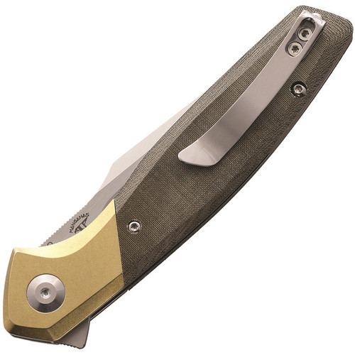 Kizer Cutlery Grazioso (KIV4572N2) 3.25" Bohler N690 Satin Drop Point Plain Blade, Green Linen Micarta Handle w/ Brass Bolsters