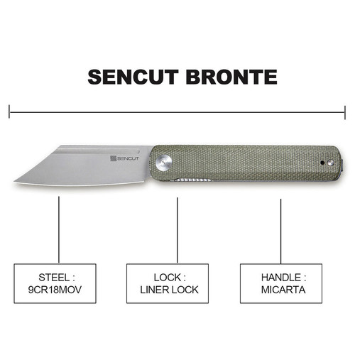 Sencut Bronte Flipper Knife (SA08B) 3.38" Gray Stonewashed 9Cr18MoV Reverse Tanto Plain Blade, Green Micarta Handle