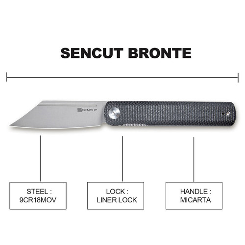 Sencut Bronte Flipper Knife (SA08A) 3.38" Gray Stonewashed 9Cr18MoV Reverse Tanto Plain Blade, Black Micarta Handle