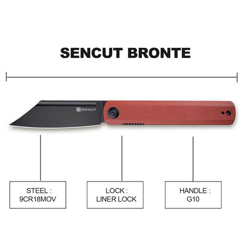 Sencut Bronte Flipper Knife (SA08D) 3.38" Black Stonewashed 9Cr18MoV Reverse Tanto Plain Blade, Burgundy G-10 Handle