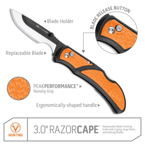 Outdoor Edge 3.0" RazorCape RCB30-10C, 3.0" Japanese 420J2 Stainless Interchangeable Blades, Black Grivory w/ Orange  Rubberized TPR Inserts Handle