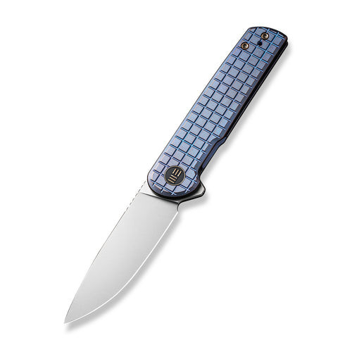 WE Knife Charith (WE20056-2) 2.98" CPM-20CV Bead Blasted Drop Point Plain Blade, Frag Patterned Blue 6AL4V Titanium Handle