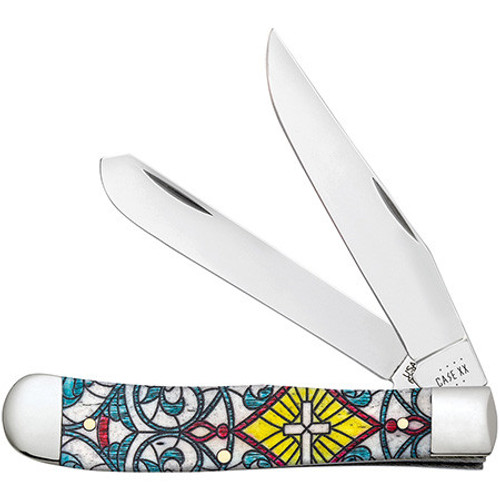 Case Trapper 38817 - Tru-Sharp Surgical Stainless Steel Clip and Spey Blade, Stained Glass Cross Natural Bone Color Wash Handle (6254 SS)