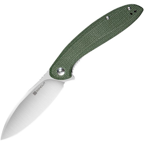 Sencut San Angelo Flipper Knife (S21003-3) 3.48" Satin 9Cr18MoV Drop Point Plain Blade, Green Micarta Handle