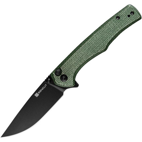 Sencut Crowley Flipper/Button Lock Knife (S21012-3) 3.48" Stonewashed D2 Drop Point Plain Blade, Green Micarta Handle