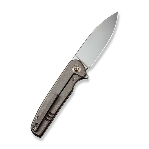 We Knife Shakan Flipper Knife (WE20052C-1) 2.97" CPM-20CV Silver Bead Blasted Drop Point Plain Blade, Bronze and Golden Patterned Titanium Handle