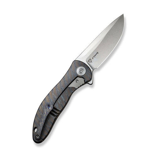 We Knife Synergy2v2 Flipper Knife (WE18046D-2) 3.49" CPM-20CV Stonewashed Drop Point Plain Blade, Tiger Stripe Patterned Flamed Titanium Handle