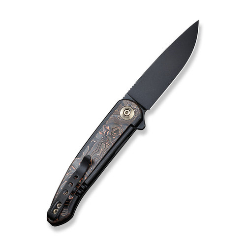 We Knife Smooth Sentinel Flipper Knife (WE20043-6) 2.97" CPM-20CV Black Stonewashed Drop Point Plain Blade, Black Titanium With Copper Foil Carbon Fiber Inlay