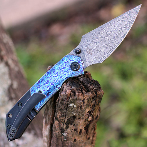 Kansept Fenrir Folding Knife (K1034A8) - 3.4" Damascus Harpoon Plain Blade, Blue and Black Timascus Handle