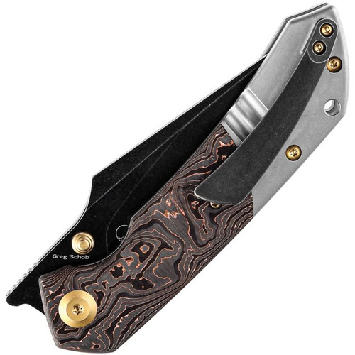 Kansept Fenrir Folding Knife (K1034A9) 3.48" Blackwashed Drop Point Plain Blade, Stonewashed Titanium Handle w/ Copper Swirl Carbon Fiber Inlay