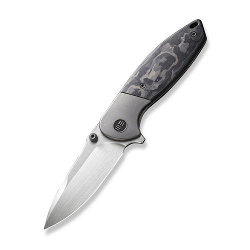 We Knife Nitro Mini Flipper & Thumb Stud Knife (WE22015-1) 3.13" CPM-20CV Hand Rubbed Satin Drop Point Plain Blade, Gray Titanium Handle With Marble Carbon Fiber Inlay Handle