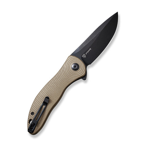 CIVIVI Synergy3 Flipper Knife (C20075D-2) 3.24" Black Stonewashed Nitro-V Drop Point Plain Blade, Tan G-10 Handle