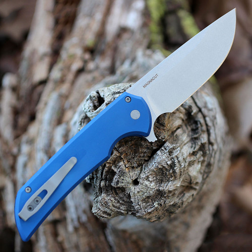 Pro-Tech Mordax Button Lock Folding Knife (MX101-BLUE) - 3.62" MAGNACUT Stonewash Blade, Blue Aluminum Handle