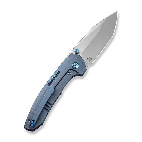 We Knives Trogon (WE22002B-1) 3.2" Silver Bead Blasted CPM-20CV Spear Point Blade, Blue Titanium Handle