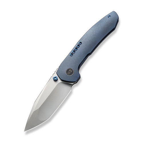 We Knives Trogon (WE22002B-1) 3.2" Silver Bead Blasted CPM-20CV Spear Point Blade, Blue Titanium Handle