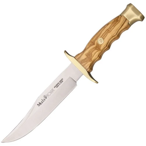 Muela Bowie MUE90862 fixed blade hunting knife olive wood handle 6.13 inch stainless steel satin clip point blade with brass guard and leather sheath