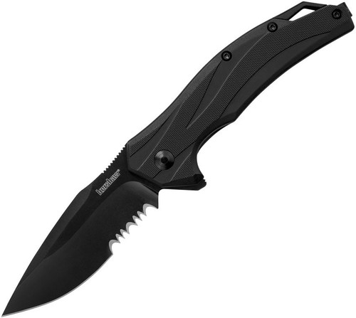 Kershaw Lateral Assisted Opening Knife (1645)- 3.1" Stonewashed 8Cr13MoV Drop Point Partially Serrated Blade, Black GFN Handle