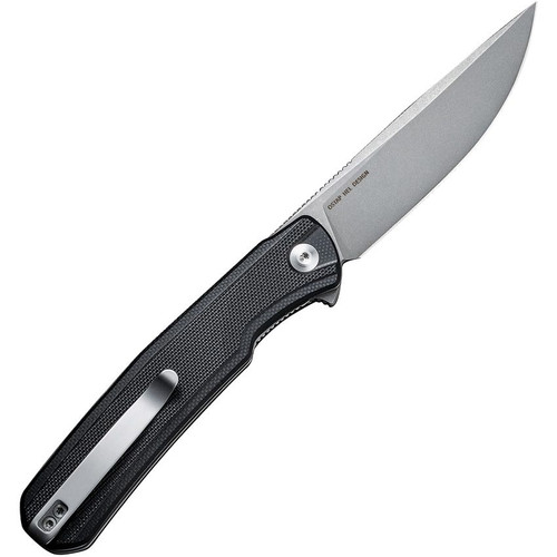 Sencut Scitus Flipper Knife (S21042-1) 3.47" Gray Stonewashed D2 Straight Back Plain Blade, Black G-10 Handle