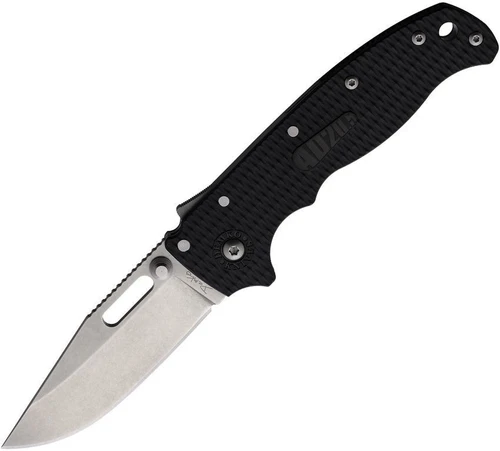 The Demko AD20.5 Shark Lock open on its right side, showing a 3.25-inch stonewashed D2 clip point blade with a straight-running plain edge, black textured Grivory scales over steel liners, the ramp-like Shark-Lock fin on the spine, a thumb stud and thumb hole, and a tip-up pocket clip.
