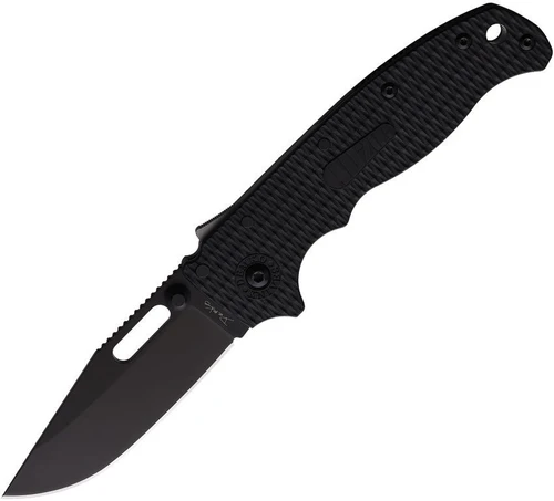 The all-black Demko AD20.5 Shark Lock open, showing its 3.25-inch black-finished D2 clip point blade, black textured Grivory scales over steel liners, the spine-mounted Shark-Lock fin, a thumb stud and thumb hole, and a tip-up pocket clip.