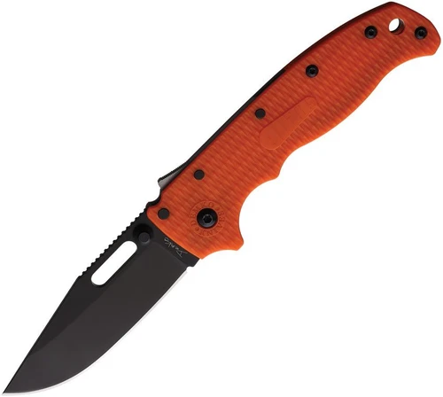 The Demko AD20.5 Shark Lock open, showing its 3.25-inch black-finished D2 clip point blade, orange textured Grivory scales over steel liners, the spine-mounted Shark-Lock fin, a thumb stud and thumb hole, and a tip-up pocket clip.