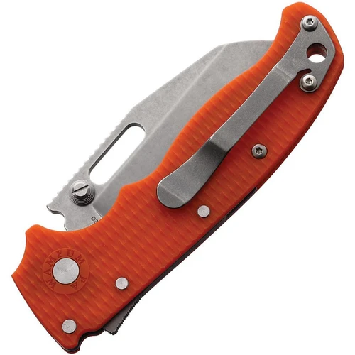 Demko AD20.5 Stonewash D2 Orange Grivory Folding Knife Closed With Tip Up Clip View