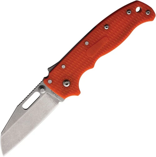 The Demko AD20.5 Shark Lock open, showing its 3.25-inch stonewashed D2 Wharncliffe blade with a straight plain edge, orange textured Grivory scales over steel liners, the spine-mounted Shark-Lock fin, a thumb stud and thumb hole, and a tip-up pocket clip.