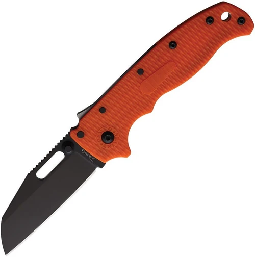 The Demko AD20.5 Shark Lock open, showing its 3.25-inch black-finished D2 Wharncliffe blade with a straight plain edge, orange textured Grivory scales over steel liners, the spine-mounted Shark-Lock fin, a thumb stud and thumb hole, and a tip-up pocket clip.