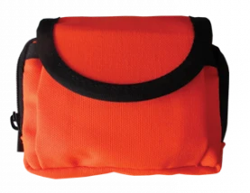 The ESEE PSK Pouch (PSK-POUCH-OR) shown in blaze orange 1000 denier nylon with its flap-covered pockets, designed to house the ESEE Pocket Survival Kit. Pouch only; kit contents not included.