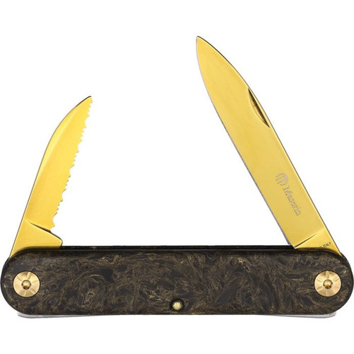 Maserin Sessantesimo Traditional Folding Knife (195/TIN)- 2.50" Plain Spear Point and Serrated Wharncliffe Golden 420 Blades, Fat Carbon Handle