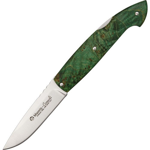Maserin Consoli Folding Knife (402/RV)- 2.875" Satin CPM S35VN Drop Point Plain Blade, Green Burl Handle