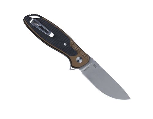 CRKT Jake (K360GXP) 3.32" Sandvik 12C27 Bead Blasted Drop Point Plain Blade, Bronze Aluminum Handle with a Black G-10 Inlay