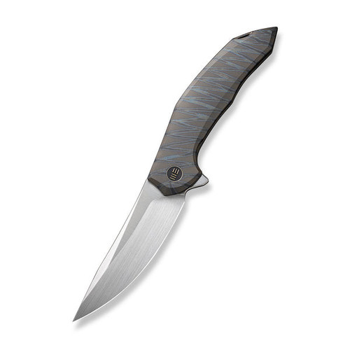 We Merata Flipper (WE22008A-3) 3.68" Hand Rubbed Satin CPM 20CV Trailing Point Plain Blade, Tiger Stripe Pattern Flamed Titanium Handle