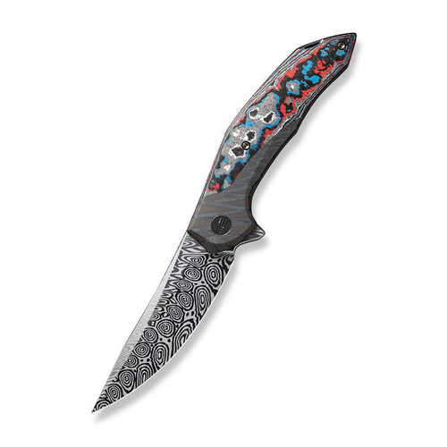 We Merata Flipper (WE22008B-DS1) 3.68" Heimskringla Damasteel Trailing Point Plain Blade, Tiger Stripe Pattern Flamed Titanium with Nebula Fat Carbon Fiber Inlayed Handle