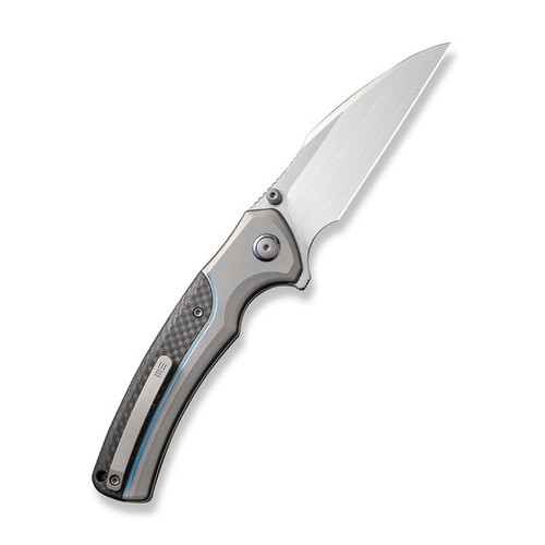 We Ziffius Button Lock (WE22024A-2) 3.7" Hand Rubbed Satin Wharncliffe Plain Blade, Gray Titanium with Twill Carbon Fiber Intergral Spacer Handle