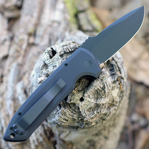 Pro-Tech Les George Rockeye Automatic Knife (LG303-Operator) - 3.4" CPM-S35VN Black Drop Point Plain Blade, Black Aluminum Handle w/Tritium Push Button