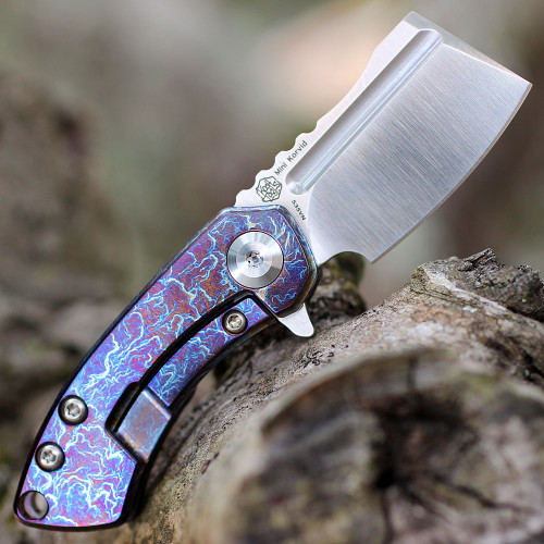 Kansept Knives Mini Korvid (K3030A8) - 1.45" CPM-S35VN Satin Cleaver Plain Blade, Blue Purple Lightning Strike Anodized Titanium Handle