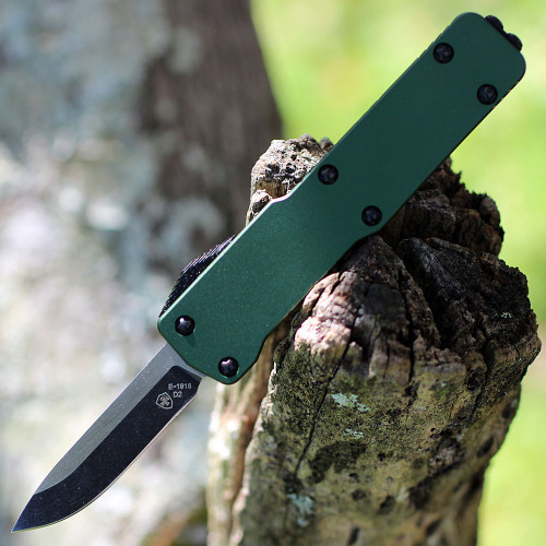 Templar Knife Premium Lightweight Series CALI Legal OTF Automatic (CA-AG-32-1) - 1.85" Powder D2 Black Stonewashed Drop Point Blade, Green T 6061 Aged Aluminum Handle