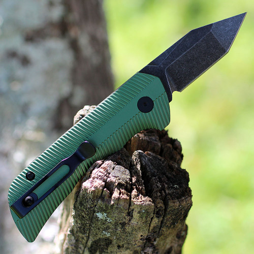 Templar Knife Cali Legal Auto Assist (CAA-AG-221)-1.9in Black Powder D2 Stonewash Tanto Blade, Green Aluminum Handle